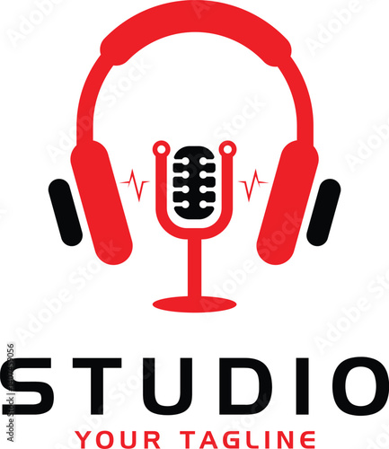 Studio logo with a microphone and headphones. Headphone Set Logo