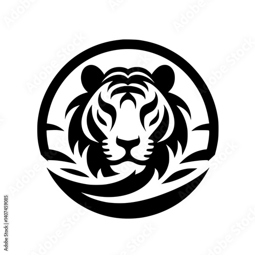 Bold Tiger Head Logo in Circle, Black and White Design