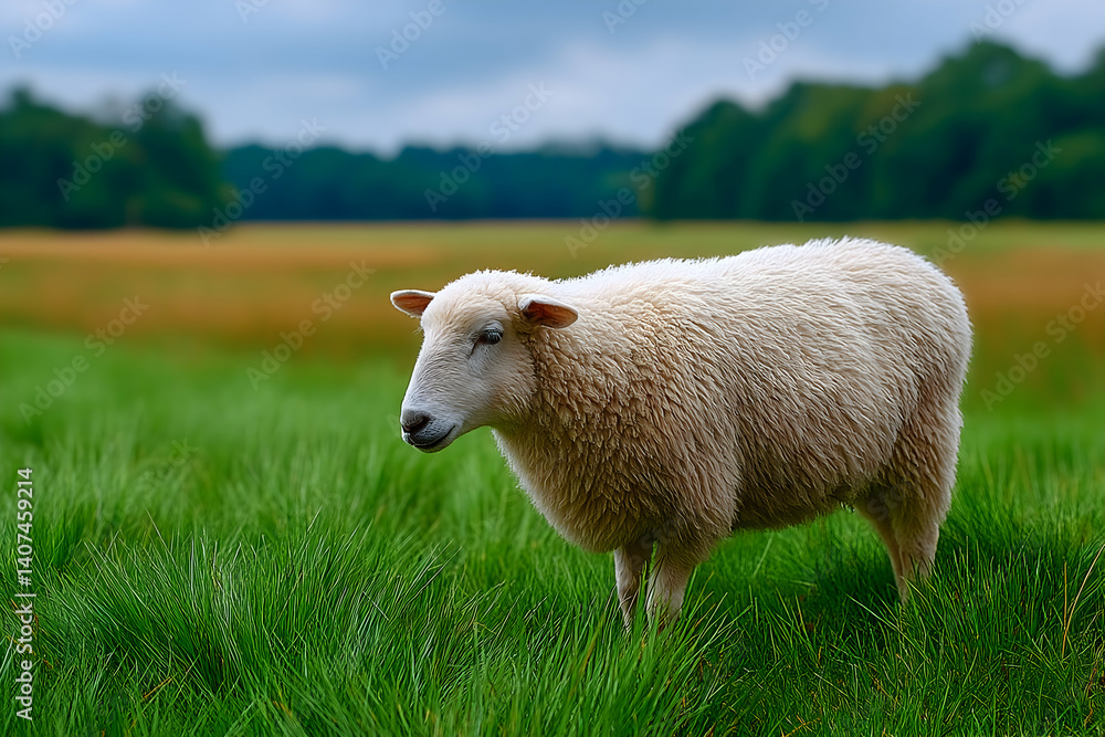 Obraz premium A fluffy white sheep grazes in a lush green field under a cloudy sky
