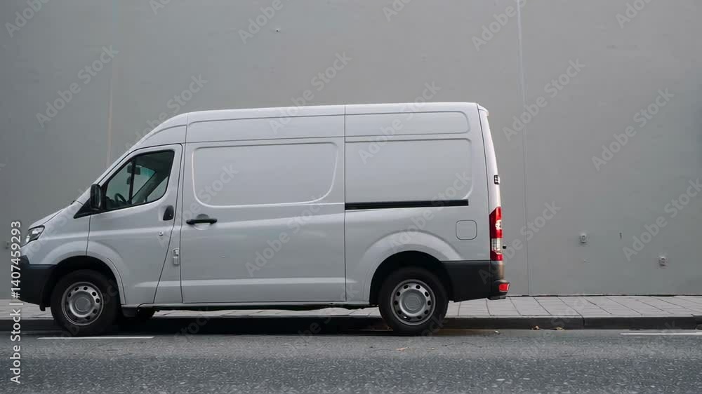Multiple views of a white delivery van parked on a city street, showcasing its potential for branding and commercial use in urban logistics and e commerce Multiple views of a white delivery van parked on a city street, showcasing its potential for branding and commercial use in urban logistics and e commerce