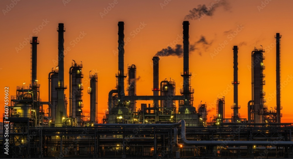 Fototapeta premium Industrial refinery silhouette at sunset with smokestacks against colorful sky