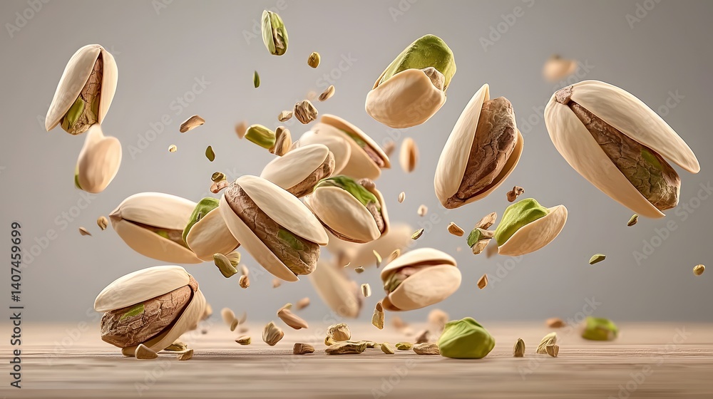 Naklejka premium Flying Pistachio Nuts in Their Shells Against a Neutral Background with a Wooden Surface