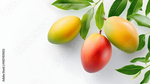 Ripe Mangoes in Vibrant Colors Surrounded by Lush Green Leaves on a White Background