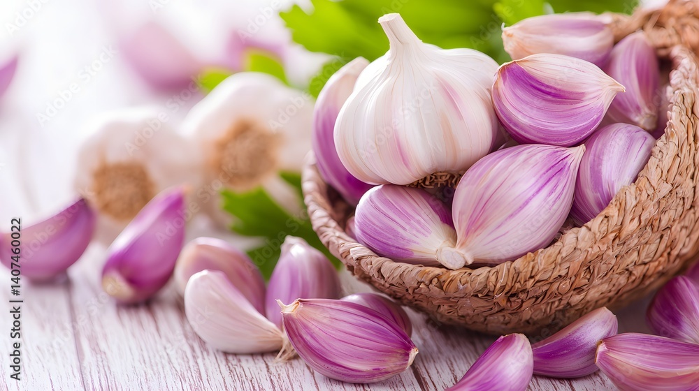 Close-Up of Fresh Garlic Cloves with Purple Skins Displayed in a Natural Wooden Bowl Close-Up of Fresh Garlic Cloves with Purple Skins Displayed in a Natural Wooden Bowl