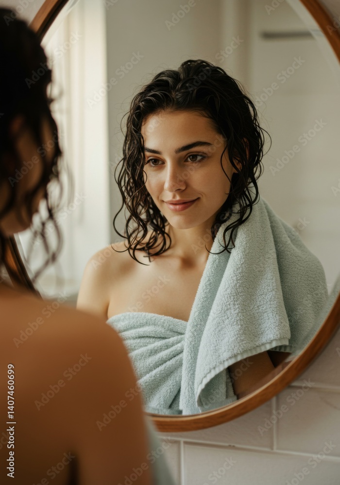 Young woman in towel with wet hair looking at herself in mirror in bathroom setting