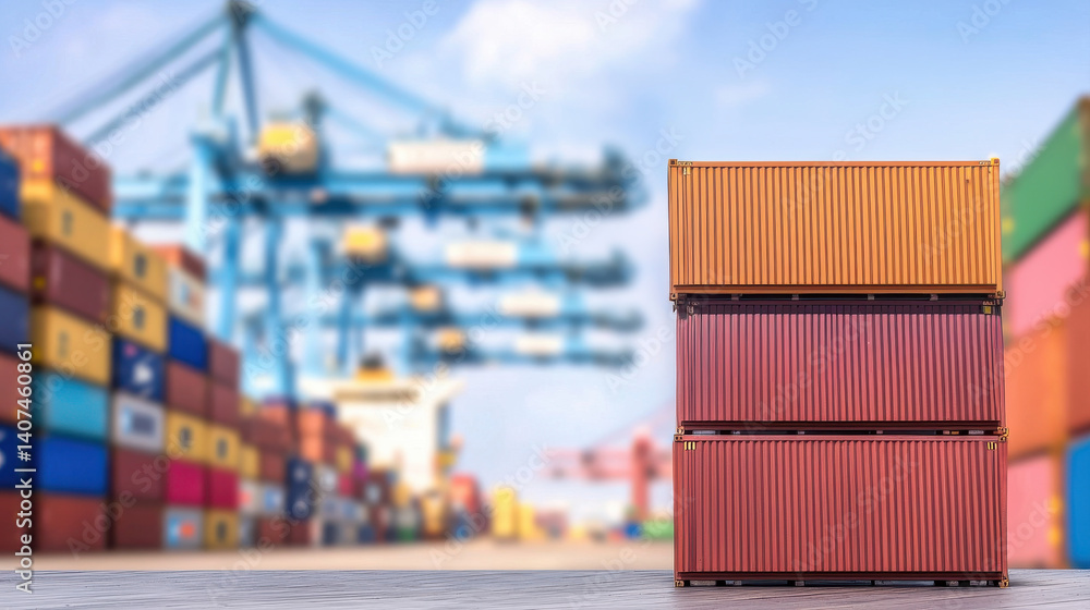 Fototapeta premium Stacked shipping containers in busy port with cranes in background, showcasing logistics