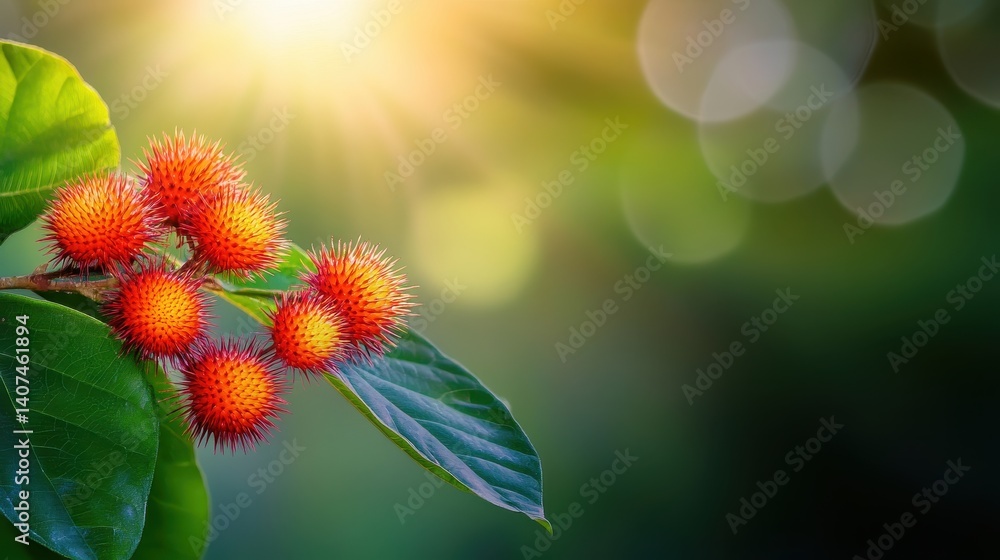 Vibrant spiky fruit cluster illuminated by sunlight against a blurred green background Vibrant spiky fruit cluster illuminated by sunlight against a blurred green background