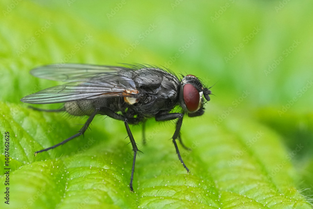 Closeup on a dark and shiny dung fly, Hydrotaea dentipes in the garden Closeup on a dark and shiny dung fly, Hydrotaea dentipes in the garden
