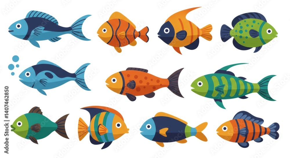 Fototapeta premium Collection Of Colorful Pixel Art Fish Illustrations