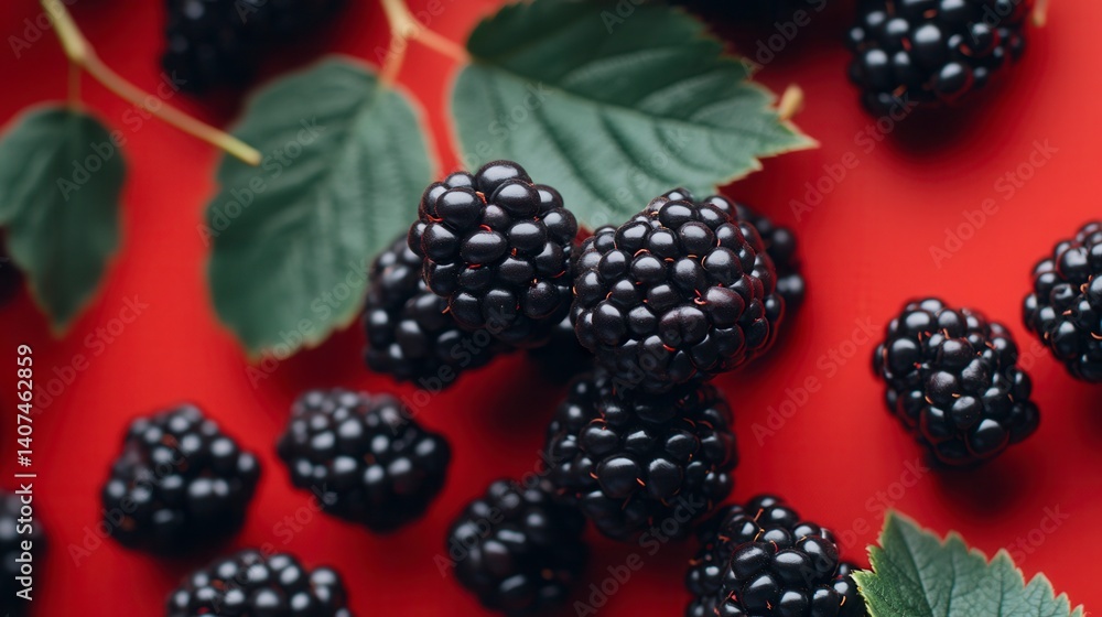 Close-up of fresh blackberries with green leaves on a red background. Close-up of fresh blackberries with green leaves on a red background.