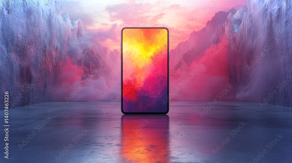 Modern smartphone design in a vibrant and surreal minimalist landscape setting