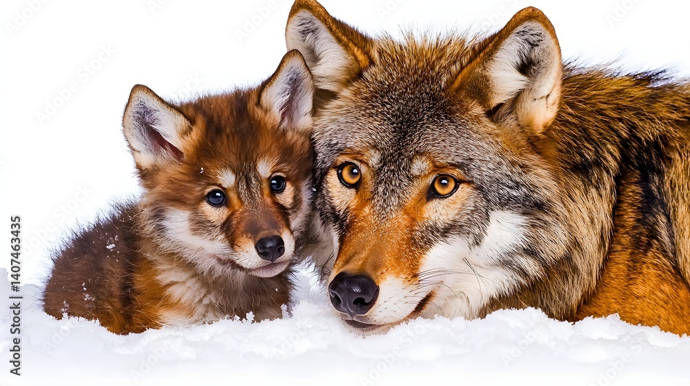 Close-up Portrait of a Coyote and Its Pup Nestled in Snowy Landscape During Winter Season Close-up Portrait of a Coyote and Its Pup Nestled in Snowy Landscape During Winter Season