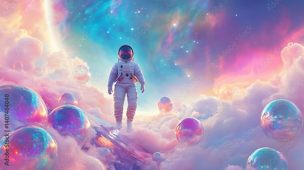 Dreamy space painting featuring astronaut walking through vibrant colorful bubbles image Dreamy space painting featuring astronaut walking through vibrant colorful bubbles image