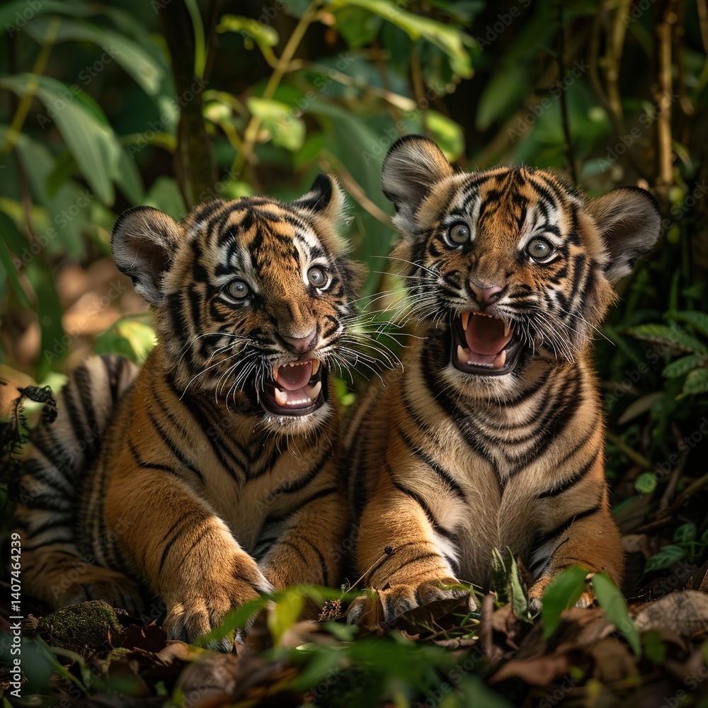 Fototapeta premium Adorable Baby Tiger Exploring the Wild with Innocent Eyes, Soft Stripes, and Playful Curiosity