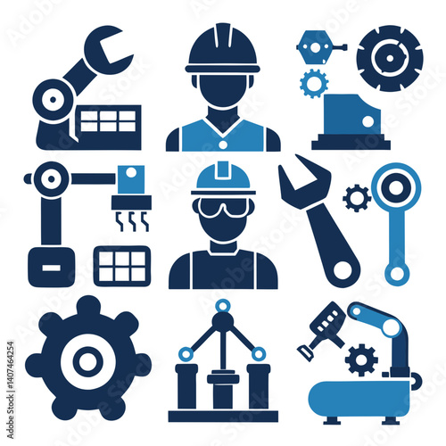 Engineering and Manufacturing: Flat Icons of Workers and Machines