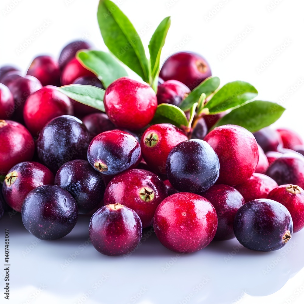 Fresh Red and Black Cranberries with Green Leaves on a Bright White Background Fresh Red and Black Cranberries with Green Leaves on a Bright White Background