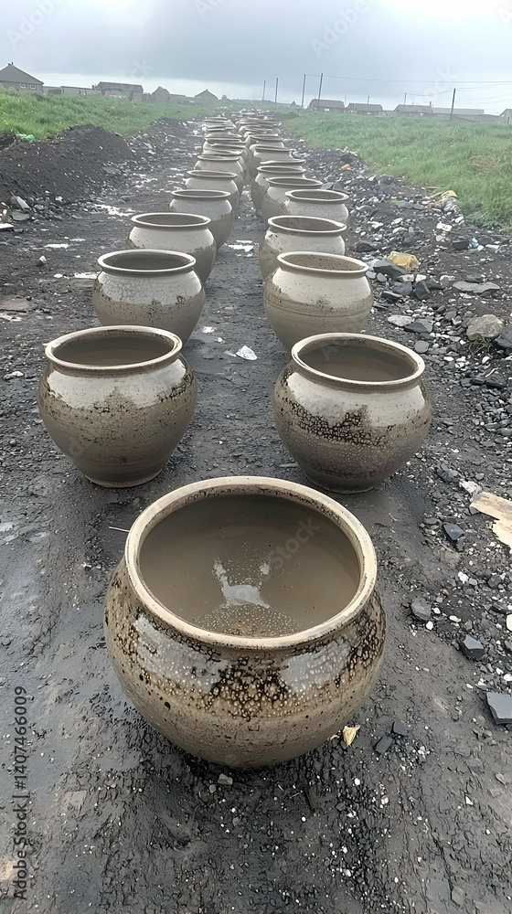 Rows of unfired clay pots drying outdoors near a landfill. Possible use industrial pottery, rural crafts Rows of unfired clay pots drying outdoors near a landfill. Possible use industrial pottery, rural crafts