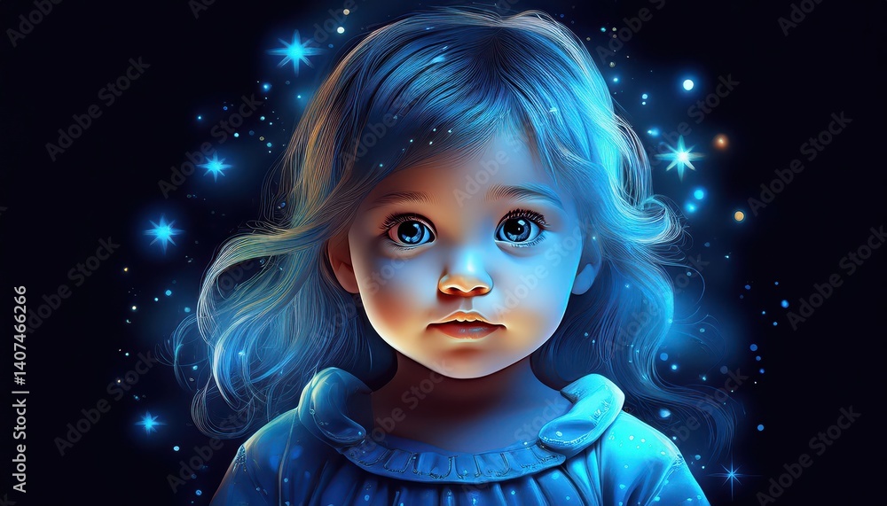 Whimsical Child Against a Backdrop of Mysterious Blue Light, A Playful Portrait Bathed in Dreamlike Atmosphere, Perfect for Digital Art, Home Decor, and Design Inspiration. Whimsical Child Against a Backdrop of Mysterious Blue Light, A Playful Portrait Bathed in Dreamlike Atmosphere, Perfect for Digital Art, Home Decor, and Design Inspiration.