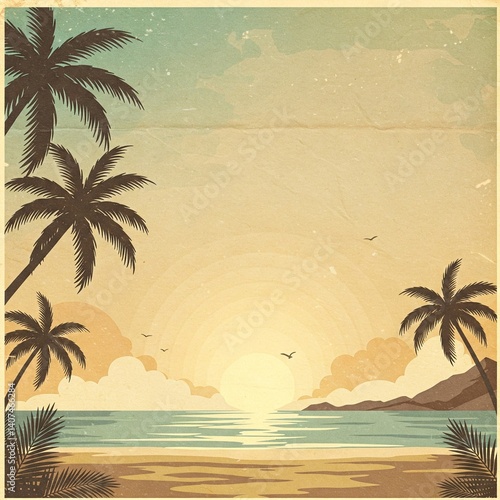 Vintage tropical beach sunset illustration with palm tree silhouettes, ocean view, sandy shore on aged paper texture background. Retro summer vacation travel poster concept.
