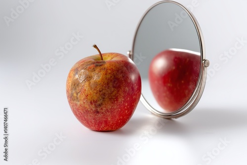 Wrinkled apple reflecting a fresh juicy apple in a small mirror on a white background, concept of hiding flaws and showing fake perfection