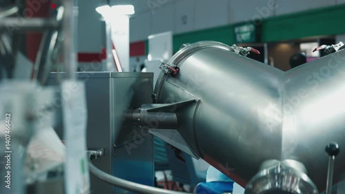 Large stainless steel V-blender used for mixing powders in food processing or pharmaceutical industry. V-shell blender machine