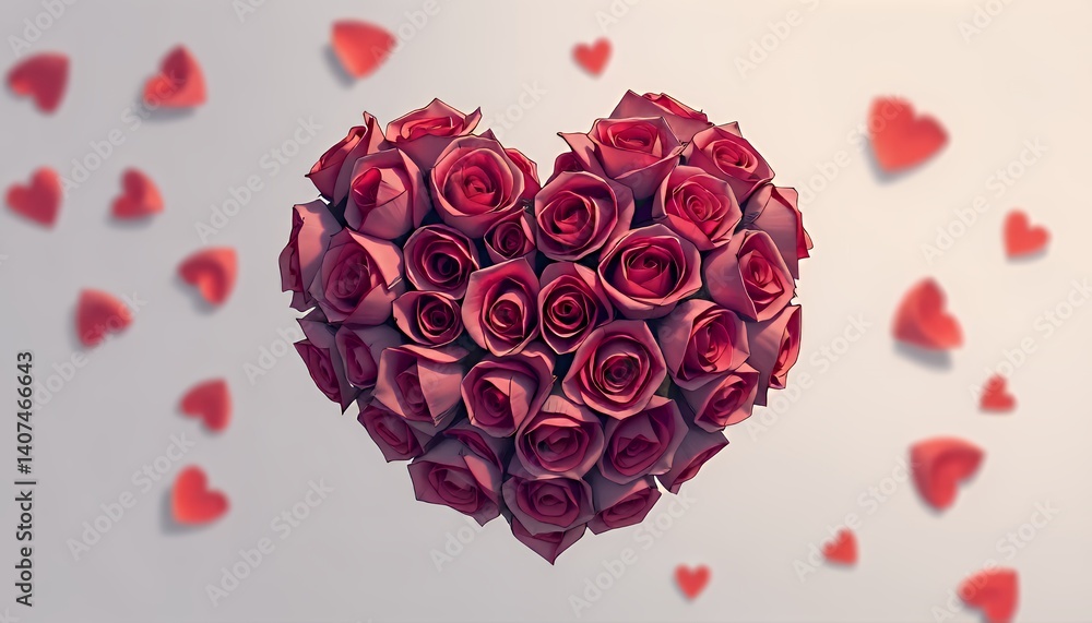 Heart Shaped Red Rose Bouquet with Paper Hearts on White Background Heart Shaped Red Rose Bouquet with Paper Hearts on White Background