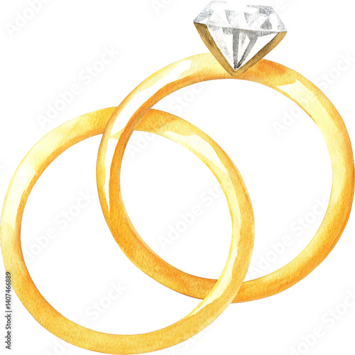 Watercolor illustration of two gold wedding rings, one with diamond on transparent background.