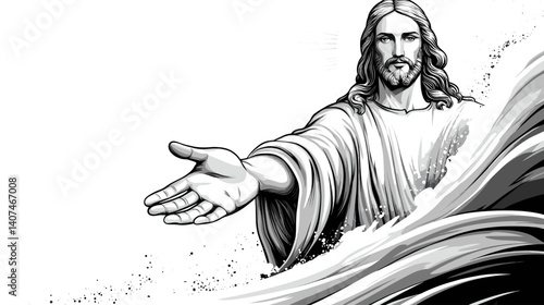 Detailed vector of Jesus calming the storm with outstretched hands, dramatic linework in monochrome style, white background