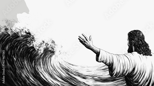 Detailed vector of Jesus calming the storm with outstretched hands, dramatic linework in monochrome style, white background
