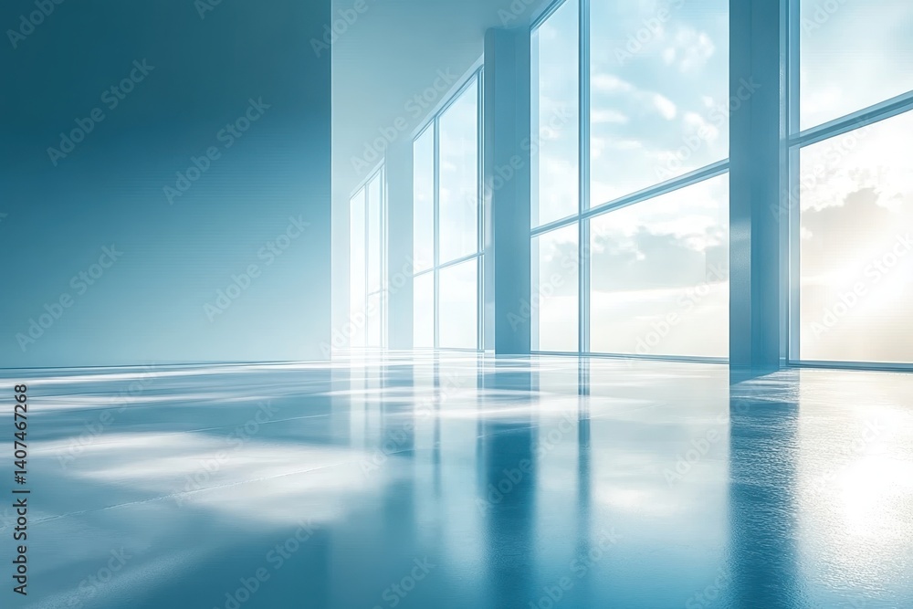 Obraz premium Bright and spacious interior with large windows overlooking a serene sky