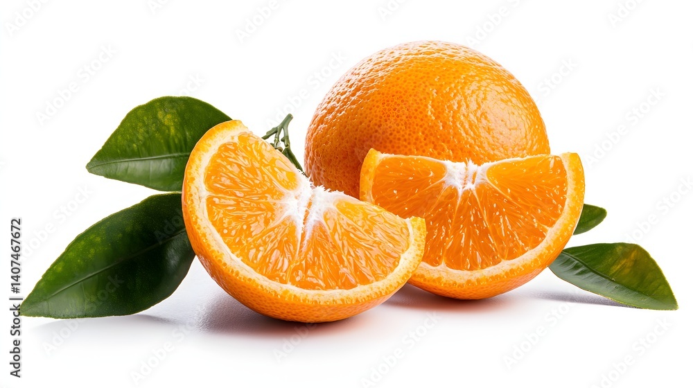 Freshly Sliced Oranges with Green Leaves on a White Background for Healthy Eating or Cooking Freshly Sliced Oranges with Green Leaves on a White Background for Healthy Eating or Cooking