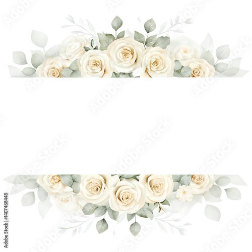 Watercolor floral frame with white roses and green leaves on transparent background.