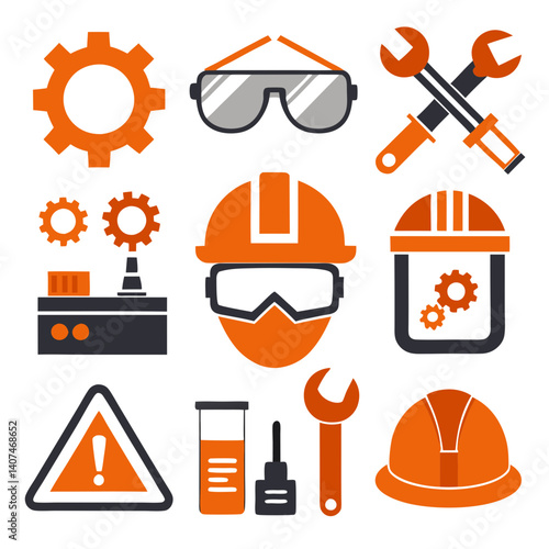 Construction and engineering safety gear and equipment icons