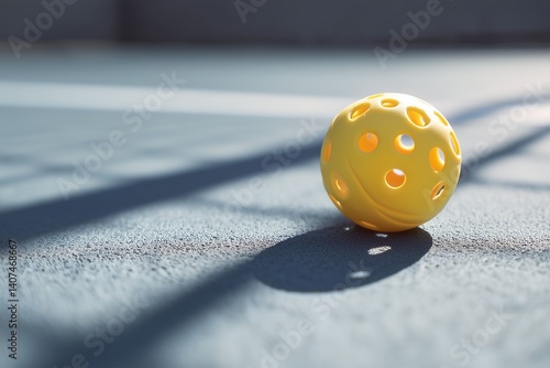 Yellow pickleball resting on blue court, creating distinct shadow across textured playing surface