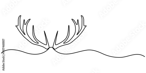 Continuous one line drawing of deer head. One line of wild reindeer. Deer head continuous line art. Editable outline, Moose continuous one line drawing vector illustration. Premium vector. 