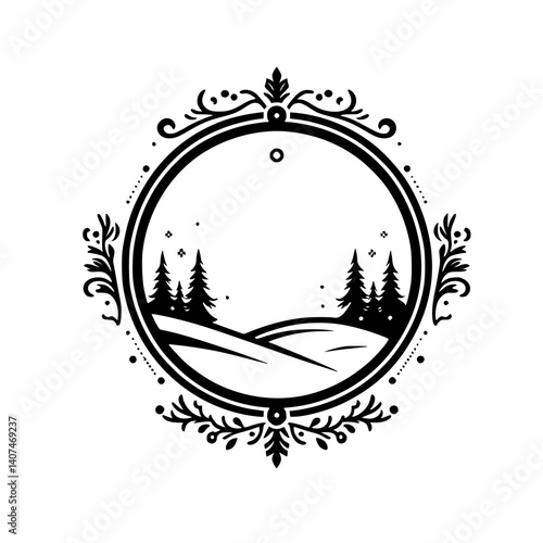 Winter Landscape Circle Frame Ornament, Black and White Vector