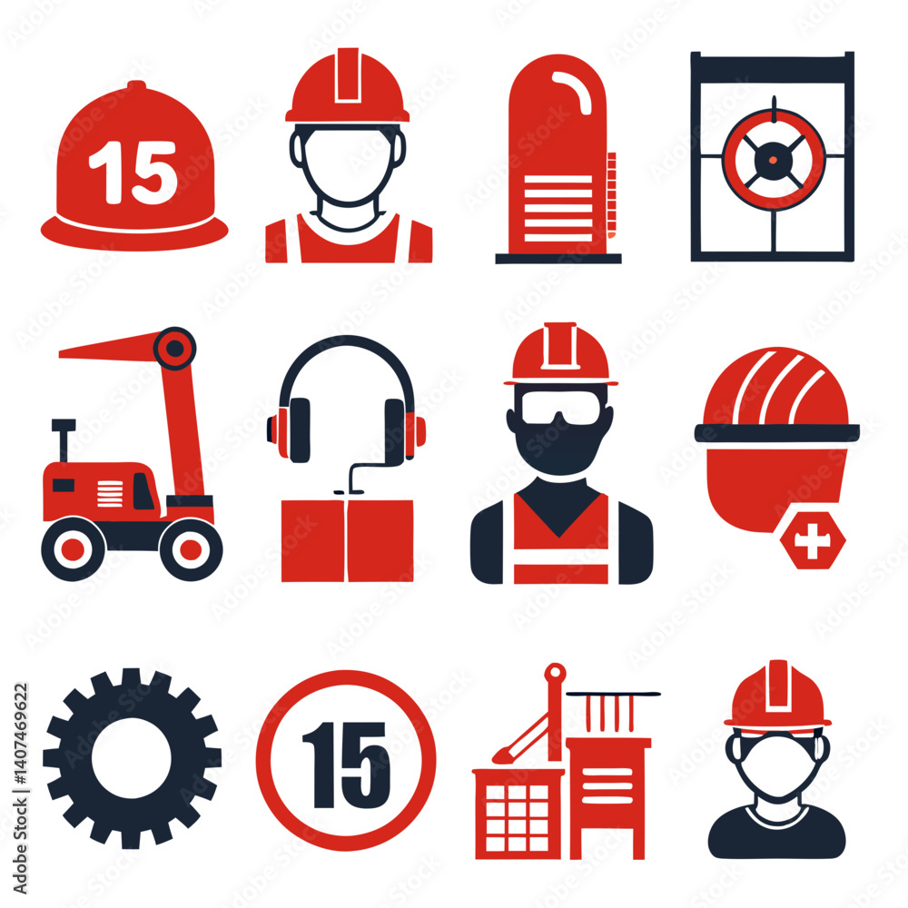 Construction and safety icons set in red and black Construction and safety icons set in red and black