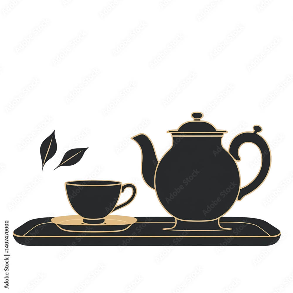Elegant Tea Set Silhouette with Teapot and Cup on Tray Illustration