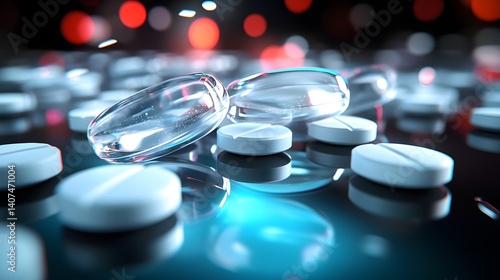 Closeup of Transparent Capsules and White Tablets Reflecting Light on a Glossy Surface