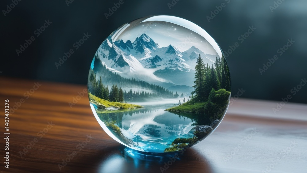 Crystal Ball Photography Serene Mountain Lake Reflection in Glass Sphere Crystal Ball Photography Serene Mountain Lake Reflection in Glass Sphere