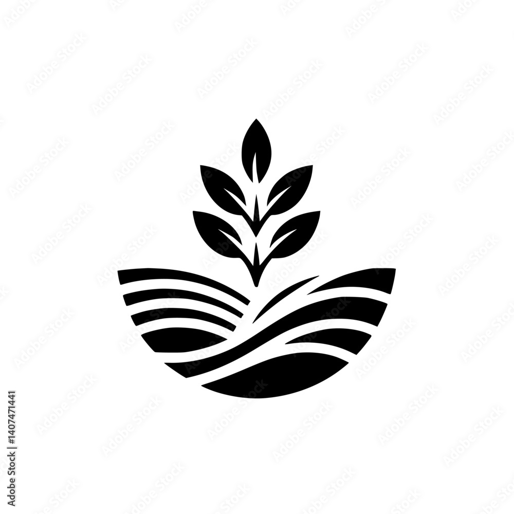 Fototapeta premium Minimalist Agriculture Logo: Plant Growing in Farm Fields - Black & White