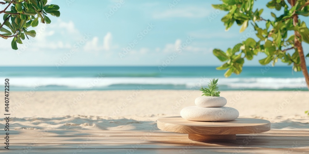 Obraz premium Tranquil Spa Scene with Stacked Stones on Wooden Table at Beach, Relaxation and Wellness Concept