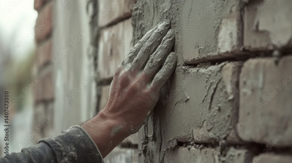 Fototapeta premium Mason applying plaster to brick wall. Featuring skill and focus