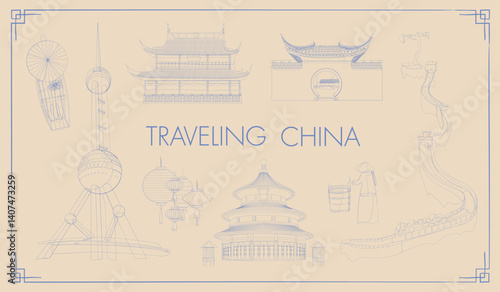 Travel China national attractions set for decoration and graphic design. China building and city, destination, attraction, traditional culture. Vector illustration