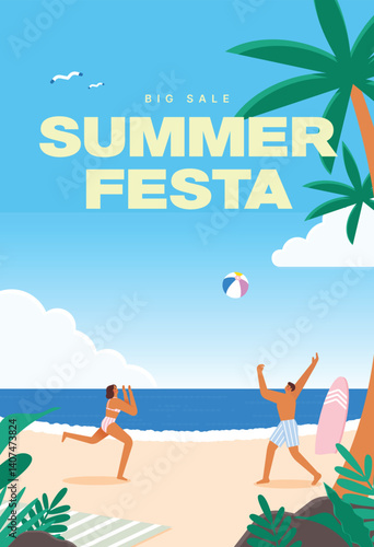 Bright summer beach illustration with active scene and big sale concept