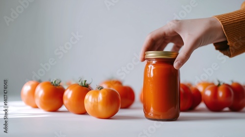 Chef holding a jar of homemade tomato passata surrounded by ripe fresh tomatoes