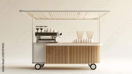 Modern coffee cart, outdoor service, minimalist design, beige background, food stall