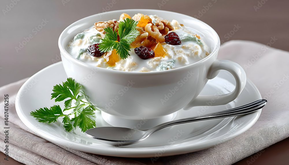 Creamy oatmeal topped with nuts, dried fruit, and parsley in a teacup Creamy oatmeal topped with nuts, dried fruit, and parsley in a teacup