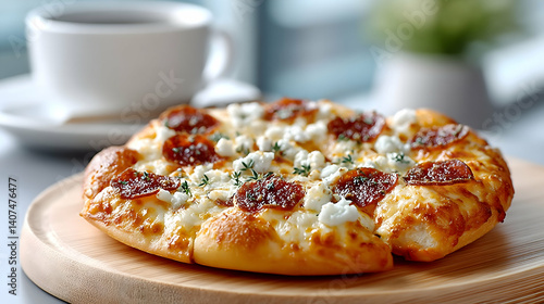 Delicious pepperoni pizza with goat cheese and thyme, served on a wooden board, alongside a cup of coffee