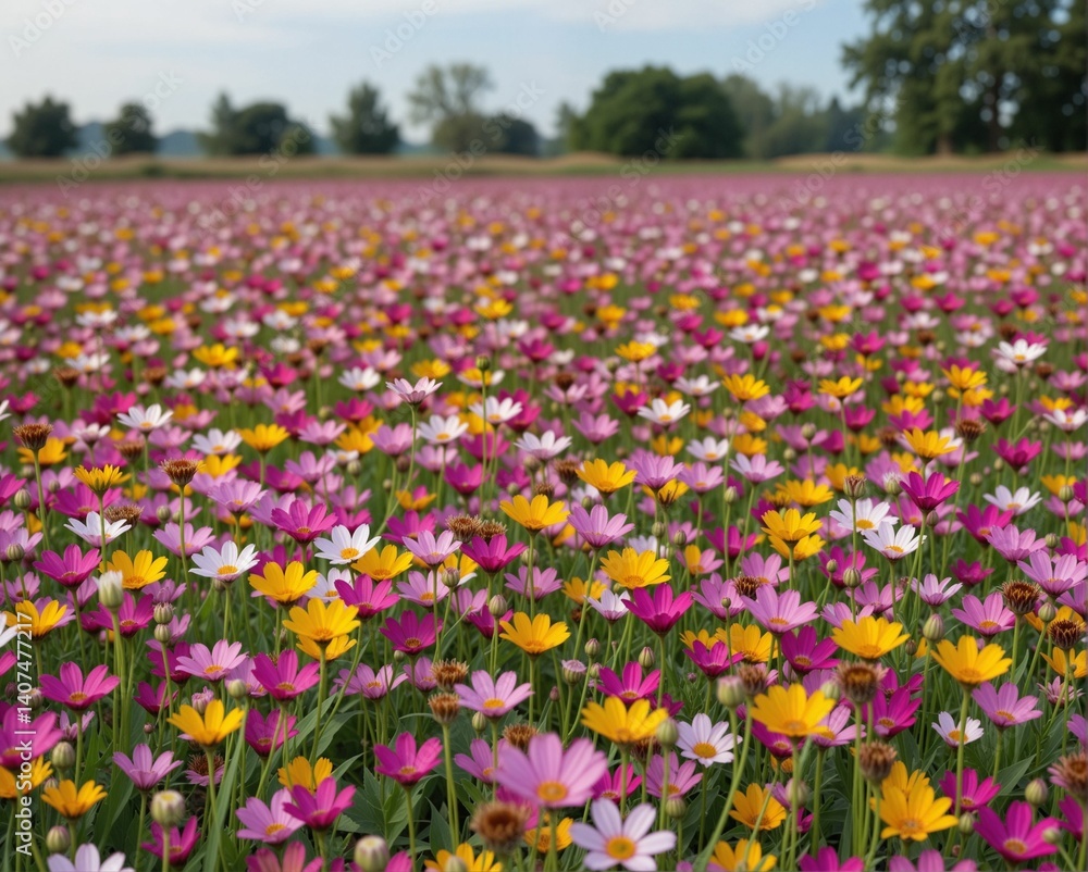 A vibrant field of colorful flowers in pink, yellow, and white blooms stretches out under a blue sky, creating a picturesque landscape. A vibrant field of colorful flowers in pink, yellow, and white blooms stretches out under a blue sky, creating a picturesque landscape.